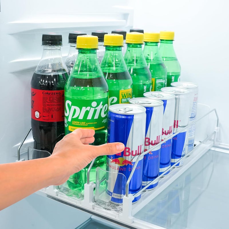 SIP SORT Upgraded Premium Drink Organizer for Fridge. Ultra Space Saving Soda Can Organizer for refrigerator with Larger Stopper Height and Automatic Pusher with Locking Feature. Holds 15 Cans (3 Rows, White) - Image 1